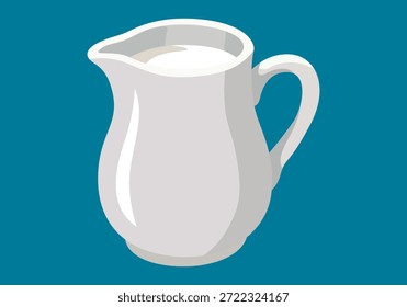 Jarra de cerámica blanca llena de leche fresca aislada sobre un fondo azul sólido