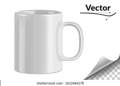 White ceramic mug. Cup on transparent background. Vector illustration. Realistic style. 3D style.
