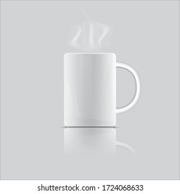 White ceramic mug. Realistic vector cup on isolated transparent background.