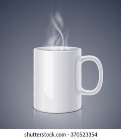 White ceramic mug and steam. Realistic vector illustration