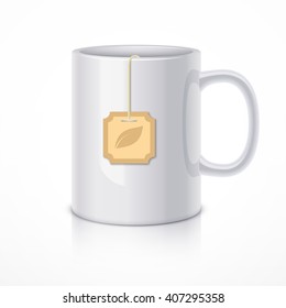 White ceramic mug with tea bag. Realistic vector illustration