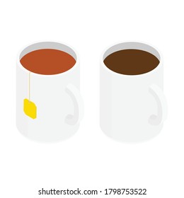White ceramic mugs with tea and tea bag and coffee. Isolated on a white. Isometric view. Vector