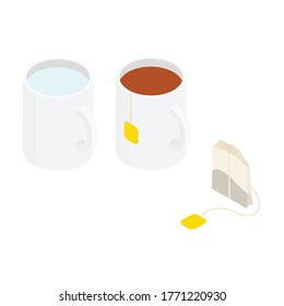 White ceramic mugs with tea, water and tea bag. Isolated on a white. Isometric view. Vector