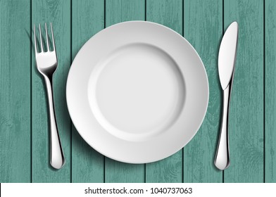 White ceramic plate, fork and knife on a green wooden table. Stock vector illustration.