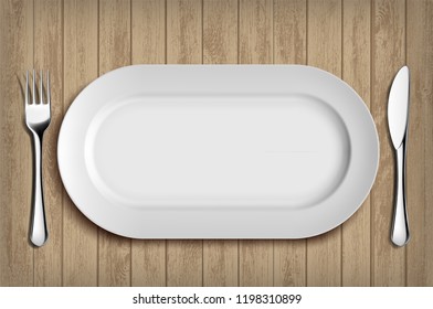 White ceramic plate, fork and knife on wooden table. Menu background. Stock vector illustration.