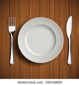 White ceramic plate, fork and knife on a wooden table. Table layout. Stock vector illustration.