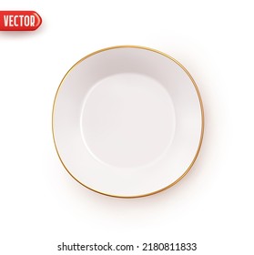 White ceramic plate with gold rim. Round plate flat top view. Realistic 3d design element. Icon isolated on white background. Vector illustration