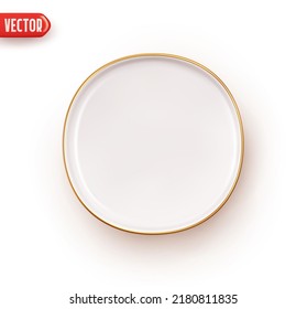 White ceramic plate with gold rim. Round plate flat top view. Realistic 3d design element. Icon isolated on white background. Vector illustration