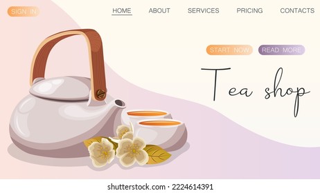 White ceramic porcelain teapot, cups of tea and jasmine flowers leaves. Tea shop, Tea, Tea house, drink, beverages concept. Vector illustration for poster, banner, website, advertising.
