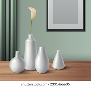 White ceramic porcelain vases of different size and shape on wooden table realistic composition with blank photo frame vector illustration