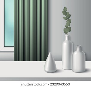 White ceramic porcelain vases in modern room interior realistic composition vector illustration