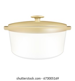 White Ceramic Saucepan With Cover Isolated On A White Background.