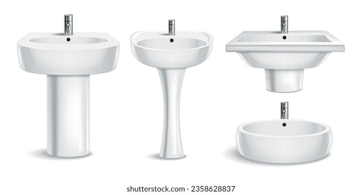 White ceramic sink and washstand with tap realistic set isolated vector illustration