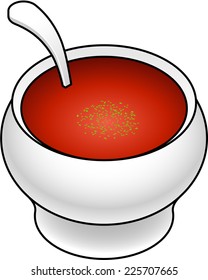 A white ceramic soup tureen of red tomato soup.