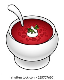 A white ceramic soup tureen of red beetroot borscht, a dollop of cream, and dill.