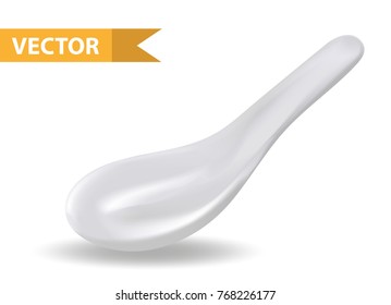 
White ceramic spoon for soup or sauce. 3d realistic style. Asian, Chinese kitchen utensils. Isolated on white background. Empty dishes. Vector illustration