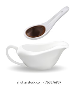 White ceramic spoon with soy sauce and sauceboat. 3d realistic style. Asian cuisine. Isolated on white background. Vector illustration