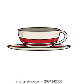 White ceramic tea or coffee cup with plates and red stripe