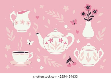 White ceramic tea set sugar bowl, milk jug, mug, teapot and vase of flowers. Vector graphics.