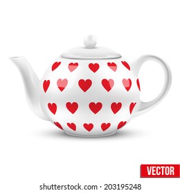 White ceramic teapot with hearts pattern. Vector illustration. Isolated of background.