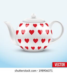 White ceramic teapot with hearts texture. Vector illustration. Isolated of background.