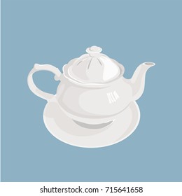 A white ceramic teapot on blue background. Vector illustration