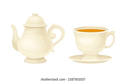 White Ceramic Teapot and Tea Cup on Saucer with Hot Aromatic Beverage Poured with Boiling Water for Brewing Vector Set