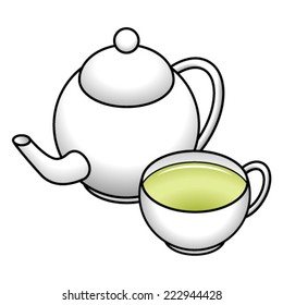 A white ceramic teapot and teacup with green tea.