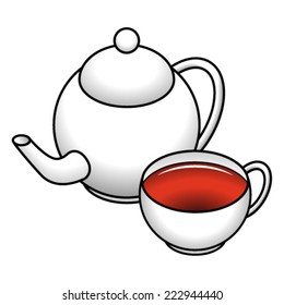 A white ceramic teapot and teacup with red tea.