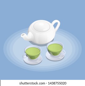 White ceramic teapot and two cups of freshly brewed green tea isometric composition blue background vector illustration 