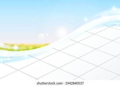 White ceramic tile floor against bright blue sky in 3d illustration.