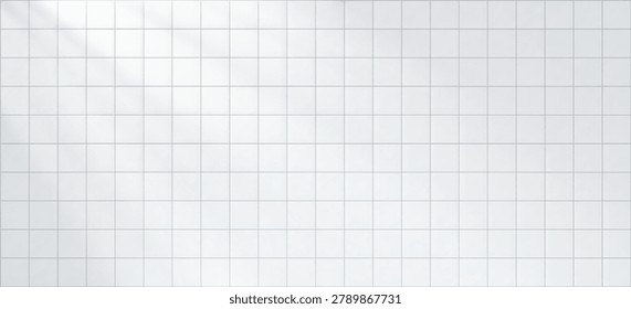 White ceramic tile wall texture background. Minimal geometric square grid pattern with soft neutral lighting. Modern architectural backdrop for interior, web, or product presentation design.