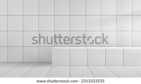 White ceramic tiles on wall and floor. Vector realistic illustration of bathroom, shower, toilet room interior design at home, hospital, hotel. Platform mockup for cosmetic product presentation