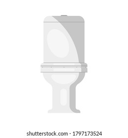White ceramic toilet bowl with lid front view, toiletry room interior item isolated on white background