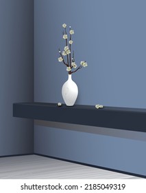 White ceramic vase with flowering branches of an apple tree (sakura, cherry) in the interior of a room with blue walls. Vector realist illustration.