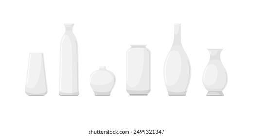 White ceramic vases of different shapes, empty modern glass vessels and clay jugs. Set of vector flat cartoon illustrations isolated on white background