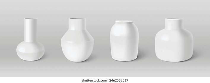 White ceramic vases set isolated on background. Vector realistic illustration of 3D clay bottle, jar, jug shape plastic urns, craft pottery mockups, home interior design elements, decor collection