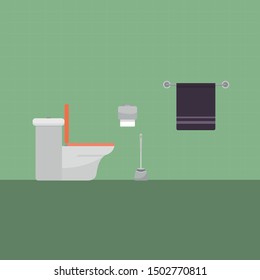 White ceramics toilet, toilet paper and toilet brush. modern toilet set in flat style. Vector illustration