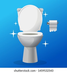 White ceramics vector clean toilet bowl icon. modern toilet in flat style. apartment cleaning service logo, housekeeping, sparkling toilet bowl with a paper roll on a hanger vector. Blue background