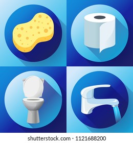 White ceramics vector toilet bowl icon. modern toilet in flat style. Water tap with flowing water, toilet paper icon, Yellow shower sponge icon. Vector illustration