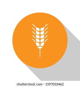 White Cereals set with rice, wheat, corn, oats, rye, barley icon isolated on white background. Ears of wheat bread symbols. Orange circle button. Vector Illustration