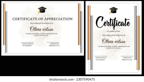 White Certificate of Leistungsverzeichnis Grenzvorlage mit Luxus-Abzeichen und modernem Zeilenmuster. Für Belohnungen, Geschäftsanforderungen und Bildungsbedürfnisse. Diese Vorlage für das White Certificate ist leicht anzupassen und kann sofort gedruckt werden