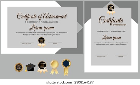 White certificate of achievement border template with luxury badge and modern line pattern. For award, business,and education needs. This White certificate template is easy to customize,ready to print