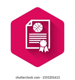 White Certificate template basketball award icon isolated with long shadow. Achievement, award, degree, grant, diploma concepts. Pink hexagon button. Vector Illustration