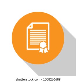White Certificate template icon isolated on white background. Degree icon. Achievement, award, grant, diploma concepts. Business success certificate. Orange circle button. Vector Illustration