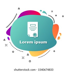 White Certificate template icon isolated on white background. Achievement, award, degree, grant, diploma. Business success certificate. Abstract banner with liquid shapes. Vector Illustration