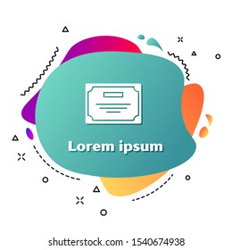 White Certificate template icon isolated on white background. Achievement, award, degree, grant, diploma. Business success certificate. Abstract banner with liquid shapes. Vector Illustration