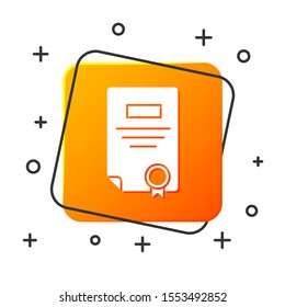 White Certificate template icon isolated on white background. Achievement, award, degree, grant, diploma. Business success certificate. Orange square button. Vector Illustration