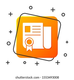 White Certificate template icon isolated on white background. Achievement, award, degree, grant, diploma. Business success certificate. Orange square button. Vector Illustration