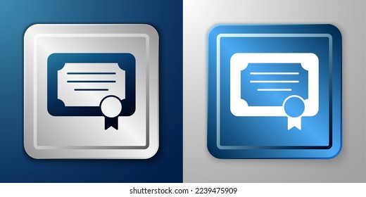 White Certificate template icon isolated on blue and grey background. Achievement, award, degree, grant, diploma concepts. Silver and blue square button. Vector